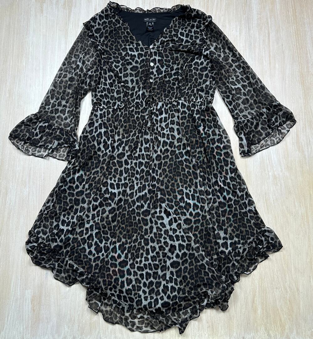 Kate and Lily Leopard Mesh Ruffle Whimsigoth Bell Sleeve High Low Midi Dress 1X